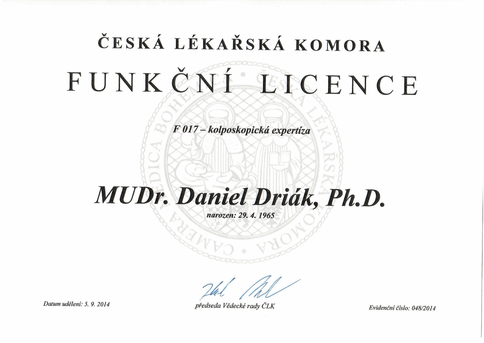 Funkční licence České lékařské komory – kolposkopická expertiza